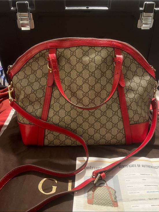 Gucci Handbags - Gucci Beige GG Canvas Shoulder Bag with Red Leather Trim Dome satchel